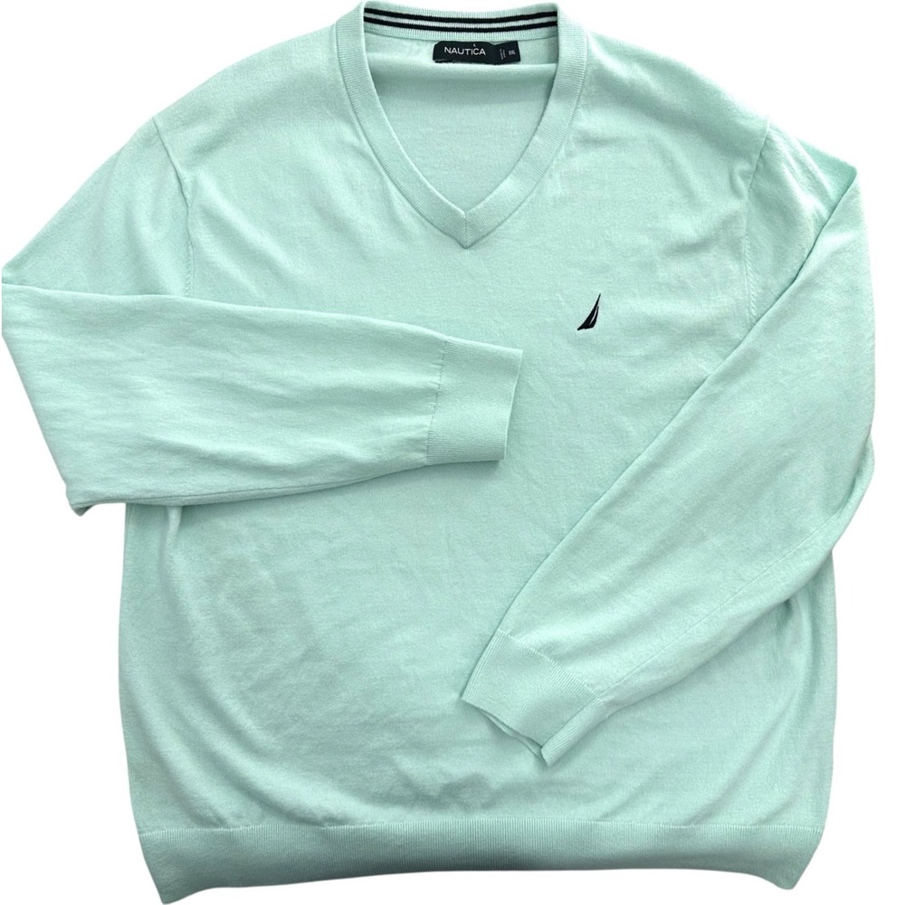 Nautica NavTech V-Neck Sweater Lightweight Cotton Knit Mint Green Men's XXL